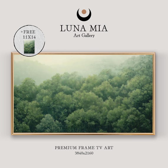 Serene Green Evergreen Forest Landscape Art For Tv Frame Nature Wall Decor Rustic Painting For Home Dcor High Resolution Jpg