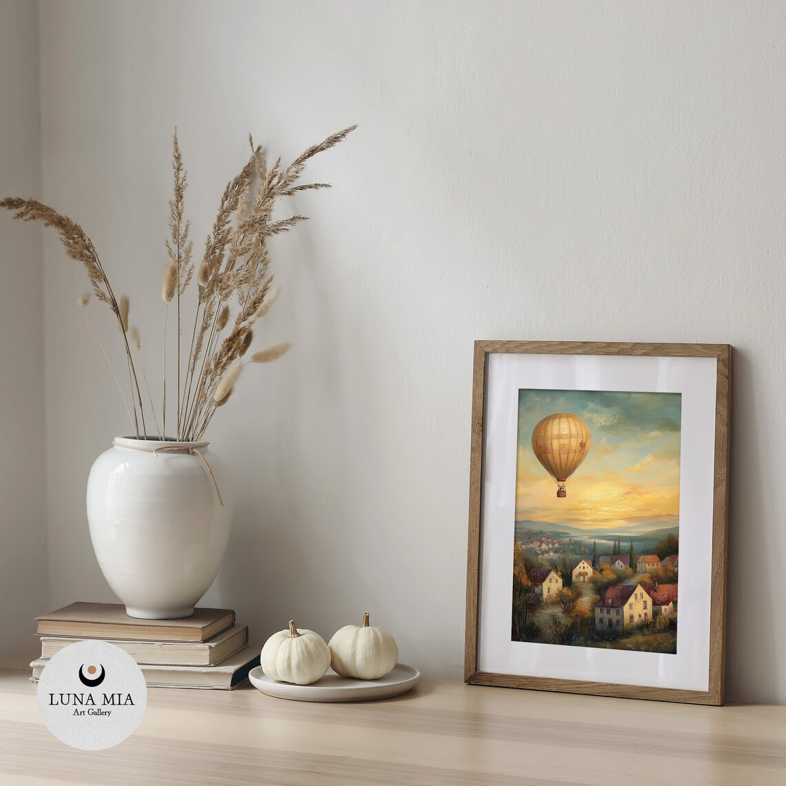 Vintage Hot Air Balloon Drifting Over Village at Sunset Poster - Image 5
