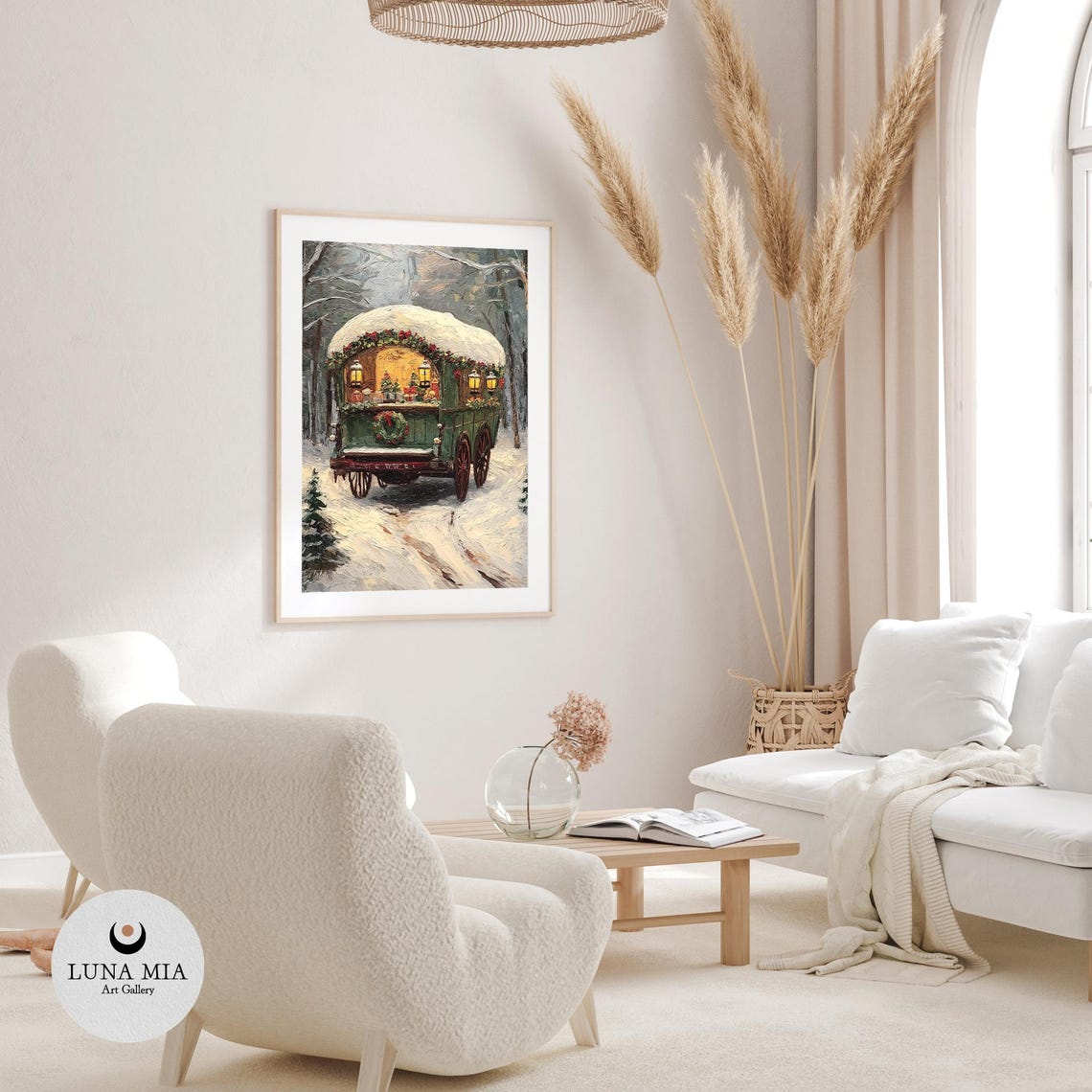 19th Century Wagon Shop Oil Painting Vintage Wall Art With Handmade Christmas Gifts Lanterns Wreaths Snowy Warm Holiday Glow - Image 3