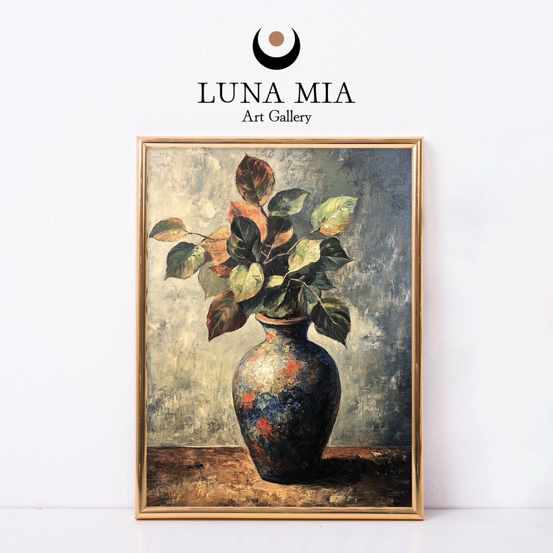 Dark Vase Green Foliage Branches Moody Still Life Oil Painting Poster