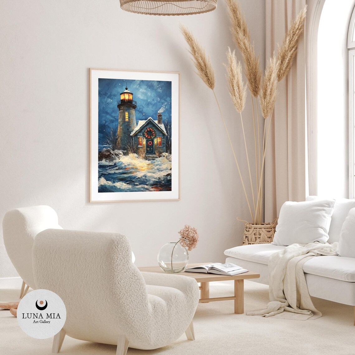 Lighthouse Christmas Night Snowy Sea Waves Oil Painting Poster - Image 3