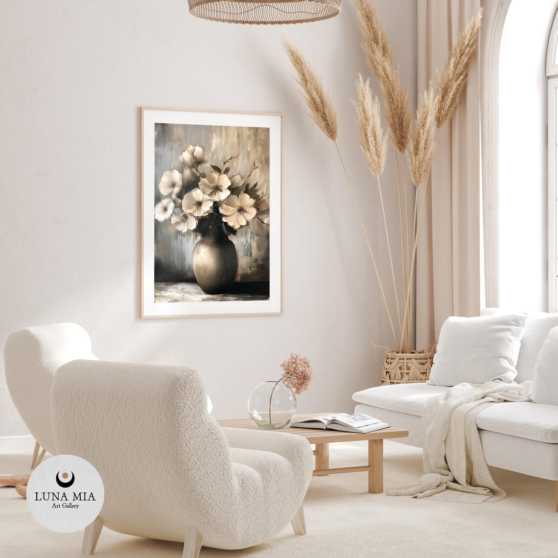 Elegant Cream White Flowers In Vase Moody Neutral Oil Painting Poster - Image 3