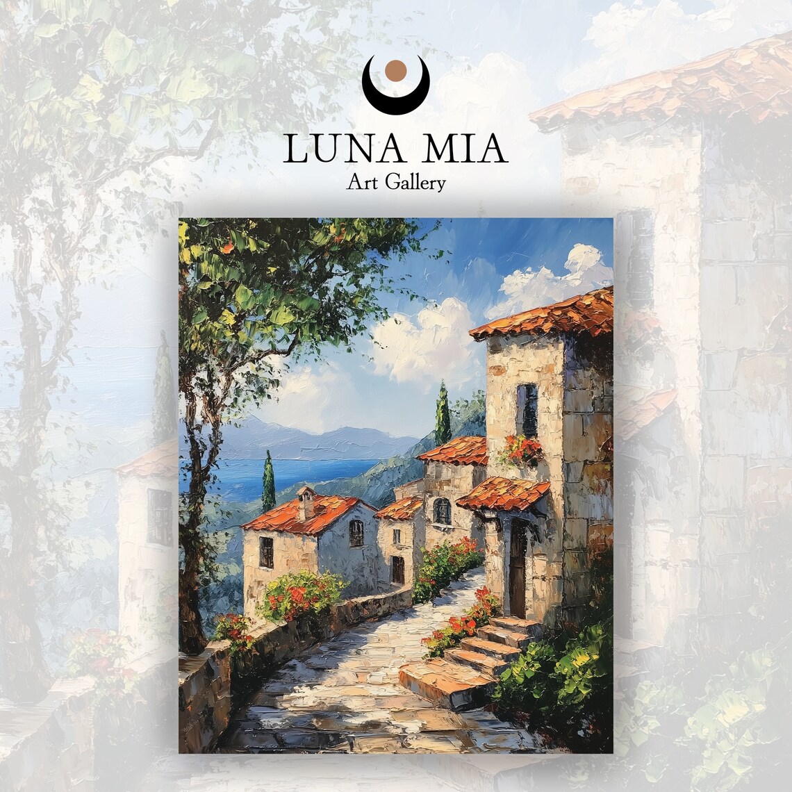 Mediterranean Village Street Sea View Impressionist Oil Poster - Image 2