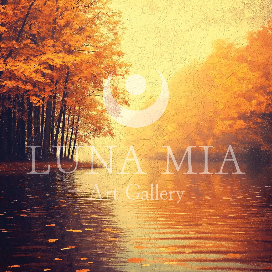 Golden Autumn Lake Reflection Floating Leaves Oil Painting Poster - Image 5