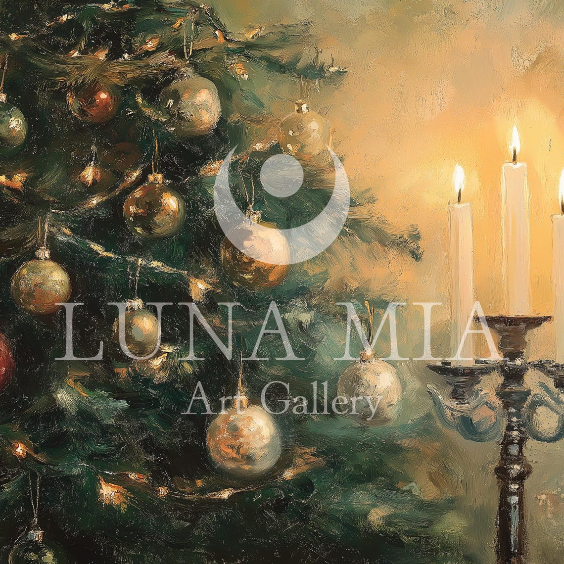 Vintage Christmas Tree with Glowing Candles Festive Oil Art Poster - Image 4