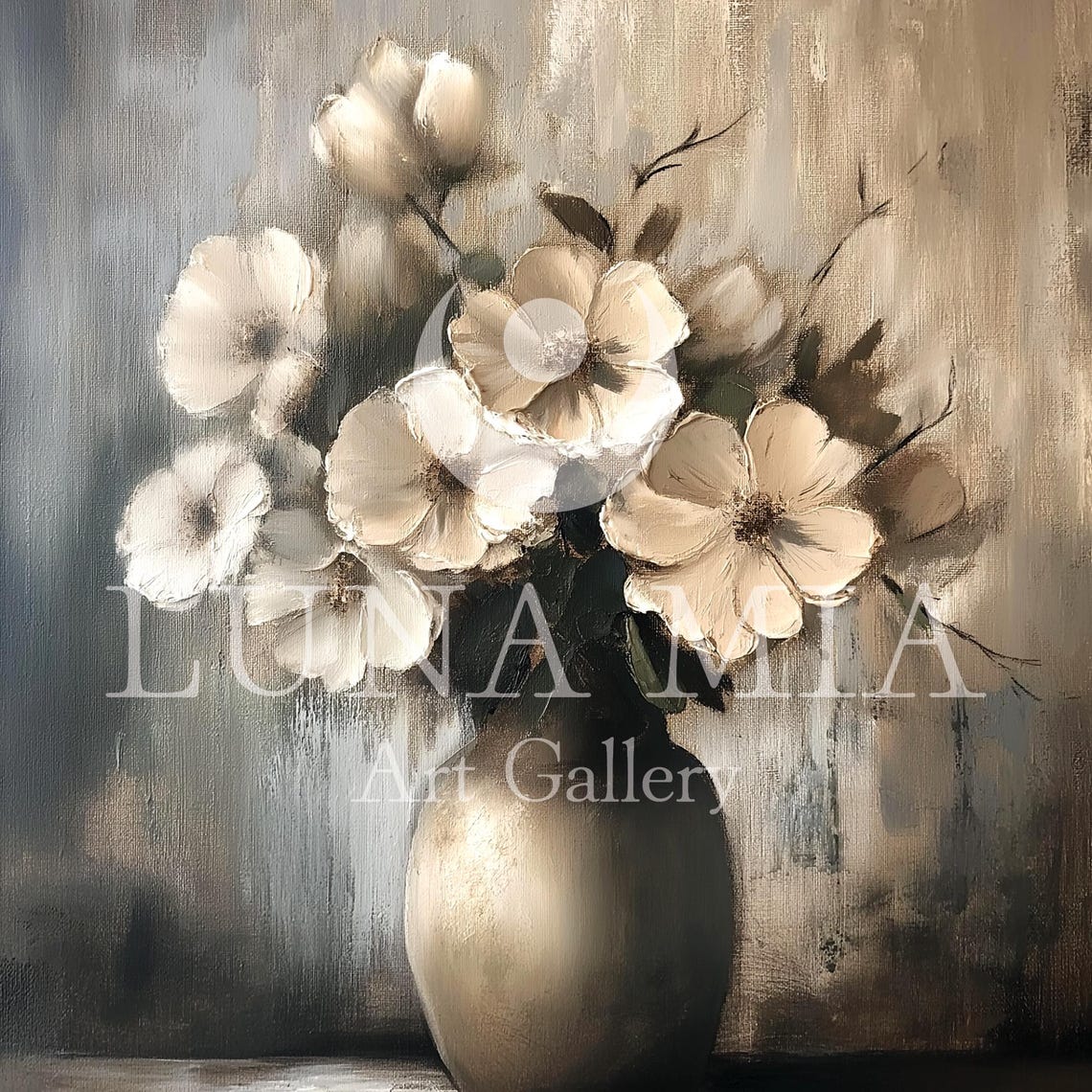 Elegant Cream White Flowers In Vase Moody Neutral Oil Painting Poster - Image 5
