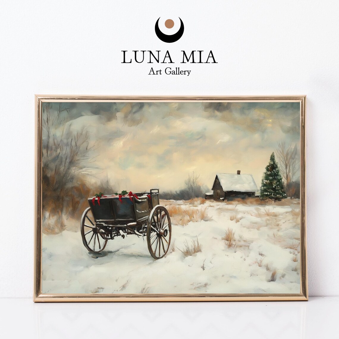 Horse Drawn Wagon With Red Bows In A Snowy Field Vintage Winter Poster
