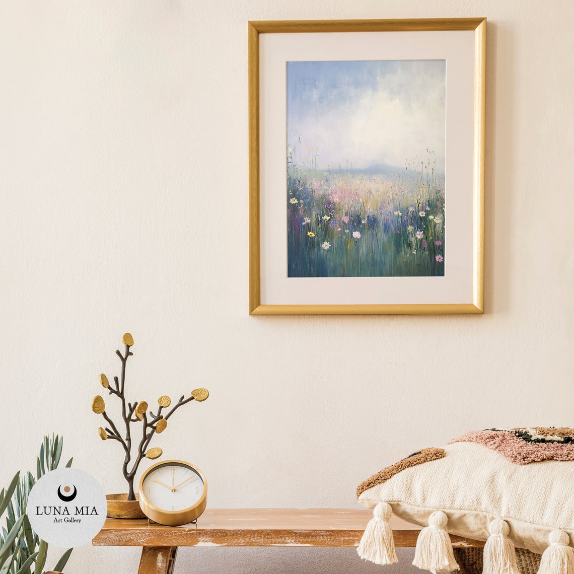 Dreamy Wildflower Meadow Under Soft Pastel Sky Above Art Poster - Image 3