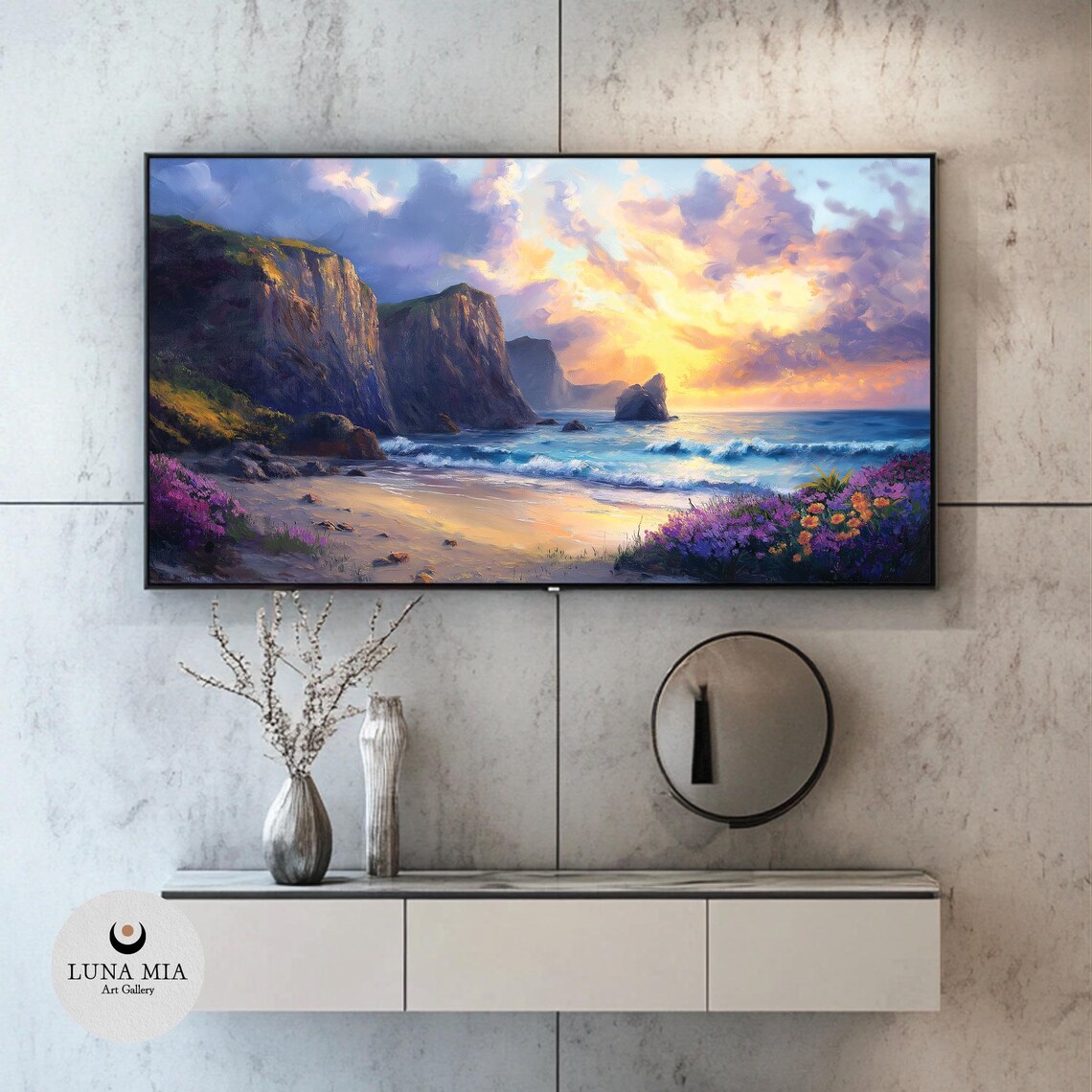 Sunset Beach Cliffs With Wildflowers Golden Waves Dramatic Coast Poster - Image 2