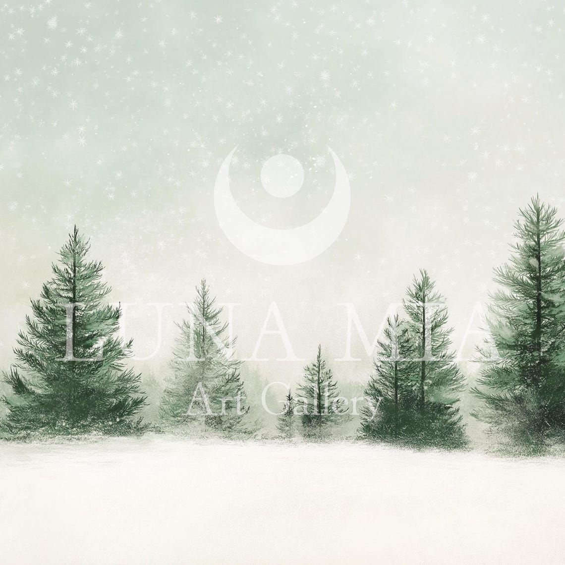 Minimalist Snowy Pine Trees Falling Snow Green Winter Art Poster - Image 5