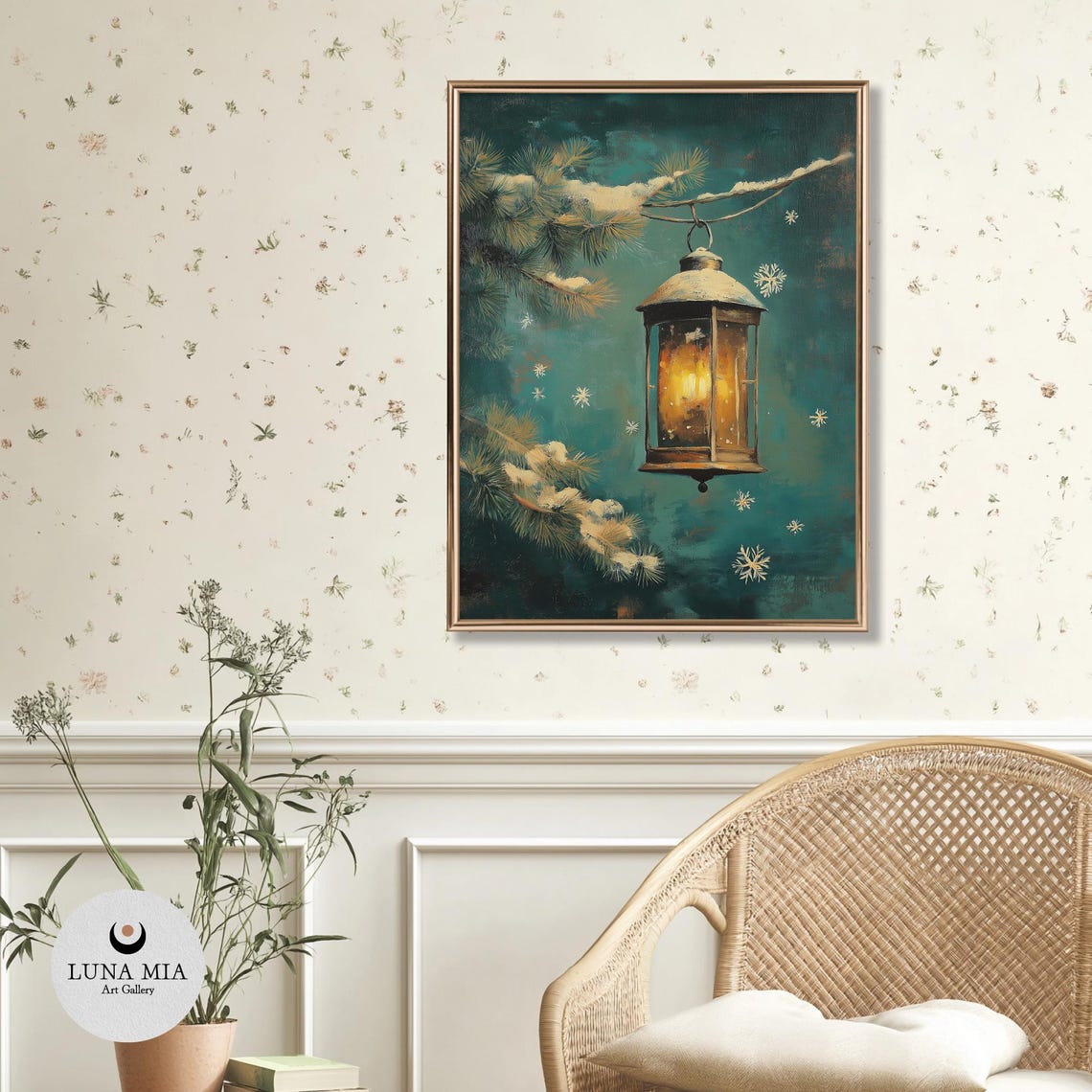Snowy Lantern on Pine Branch Winter Night Christmas Art Poster - Image 3
