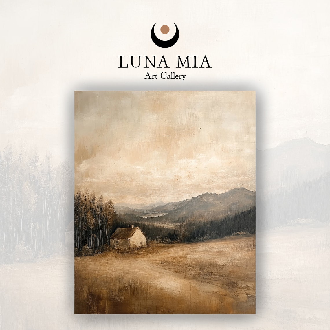 Lonely Sepia Cabin in Open Field Moody Mountain Landscape Poster - Image 2