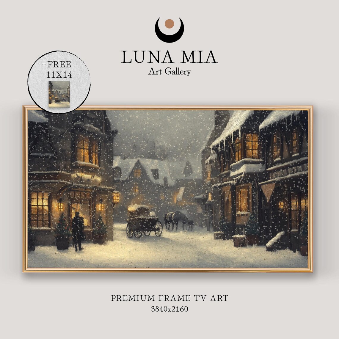 Victorian Village Street With Horse Carriage In Heavy Snowfall Poster