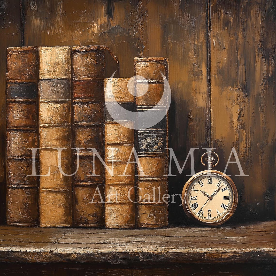 Antique Leather Bound Books With Pocket Watch Oil Painting Poster - Image 5
