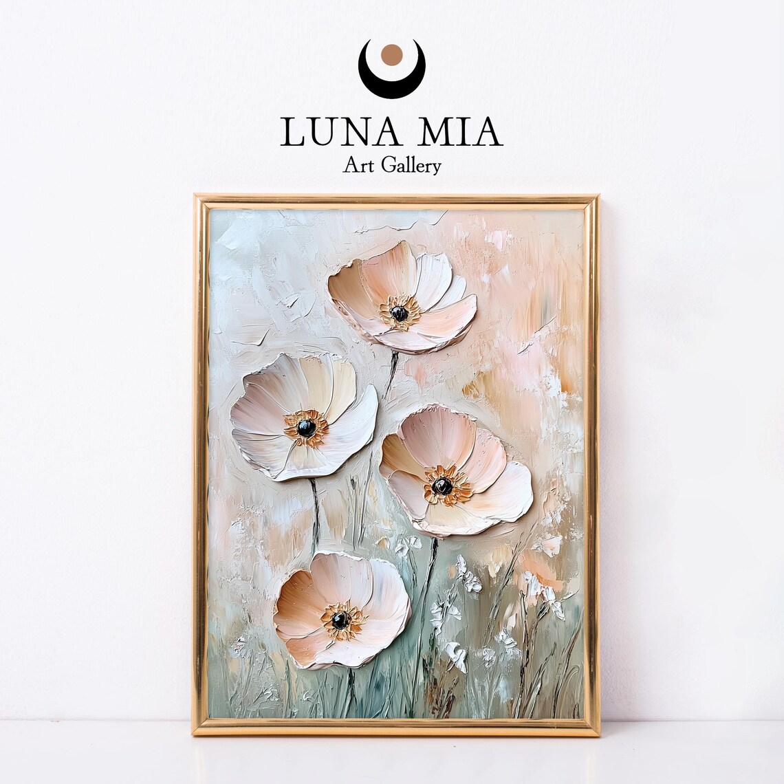 Blush Poppy Flowers Impasto Textured Floral Oil Painting Poster