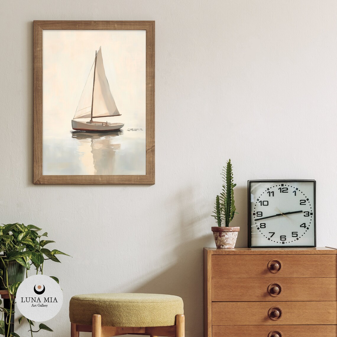 Minimalist White Sailboat Calm Sea Soft Beige Sailing Art Poster - Image 3