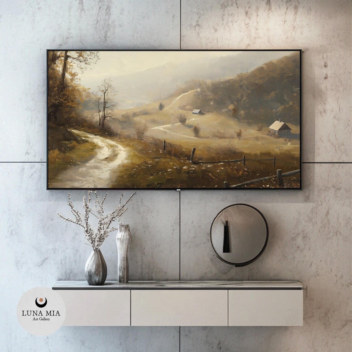Country Landscape Art For Frame Tv Rustic Valley Path With Village Houses Rural Wall Decor - Image 2