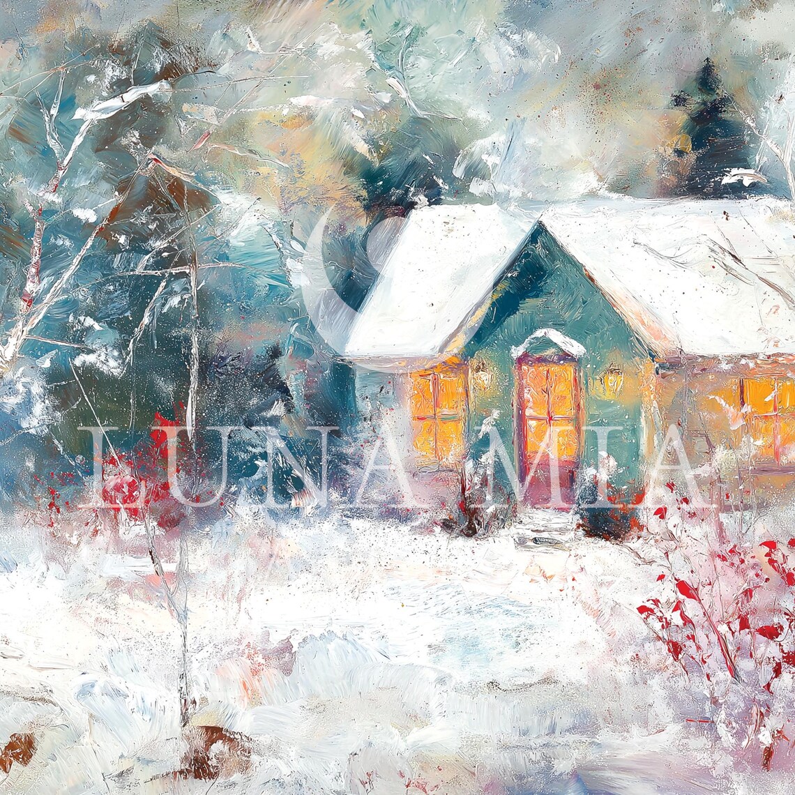 Cozy Snowy Cabin With Glowing Windows In A Winter Snowstorm Scene Poster - Image 5
