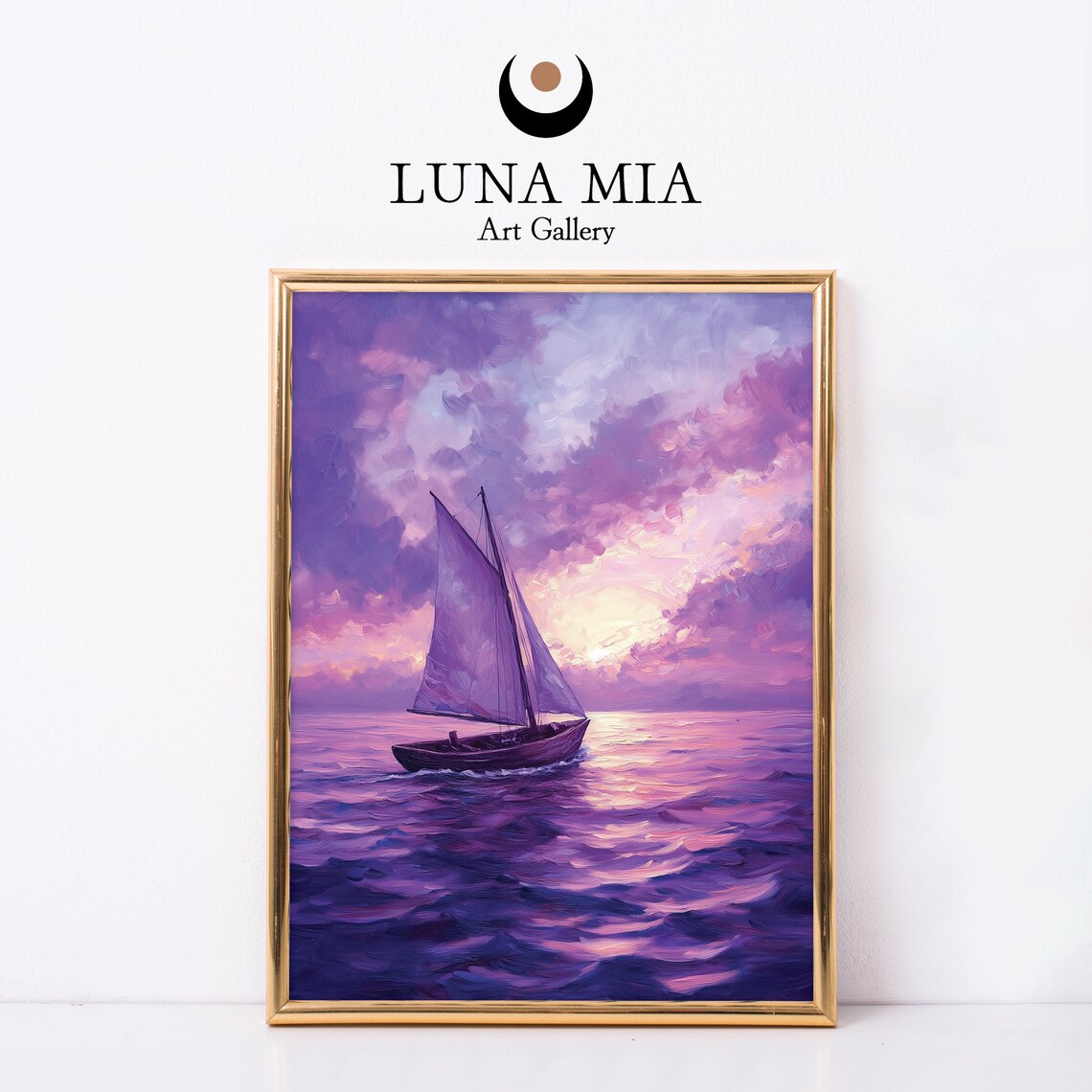 Lone Purple Sailboat Sailing Violet Sea at Sunset Art Poster