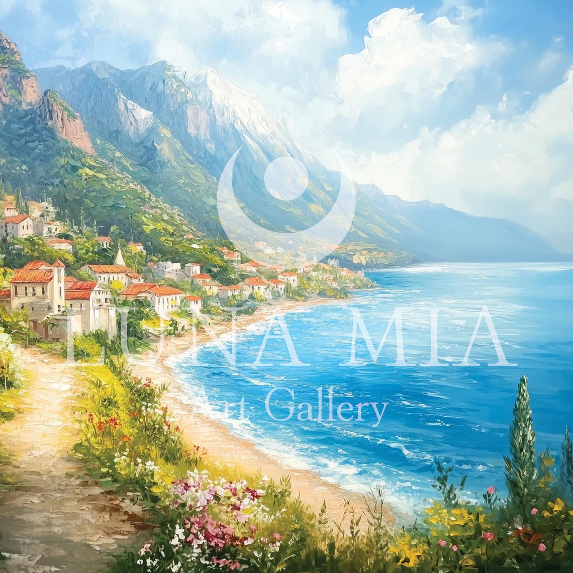 Seaside Village With Mountains Blue Water And Wildflower Path Poster - Image 5