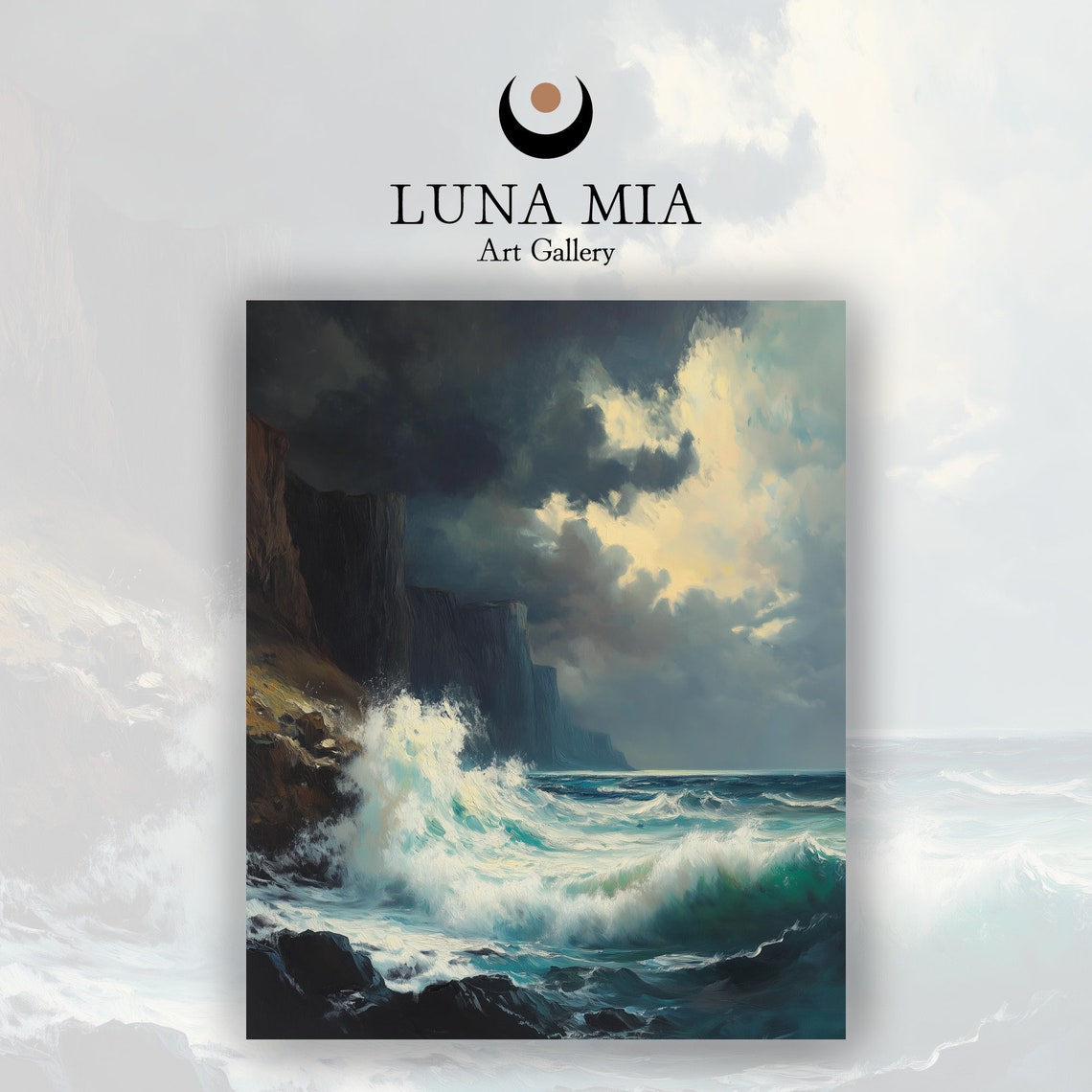 Stormy Sea Waves Crashing On Rocky Cliffs Dramatic Oil Painting Poster - Image 2