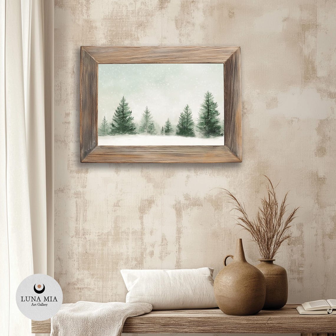 Minimalist Snowy Pine Trees Falling Snow Green Winter Art Poster - Image 3