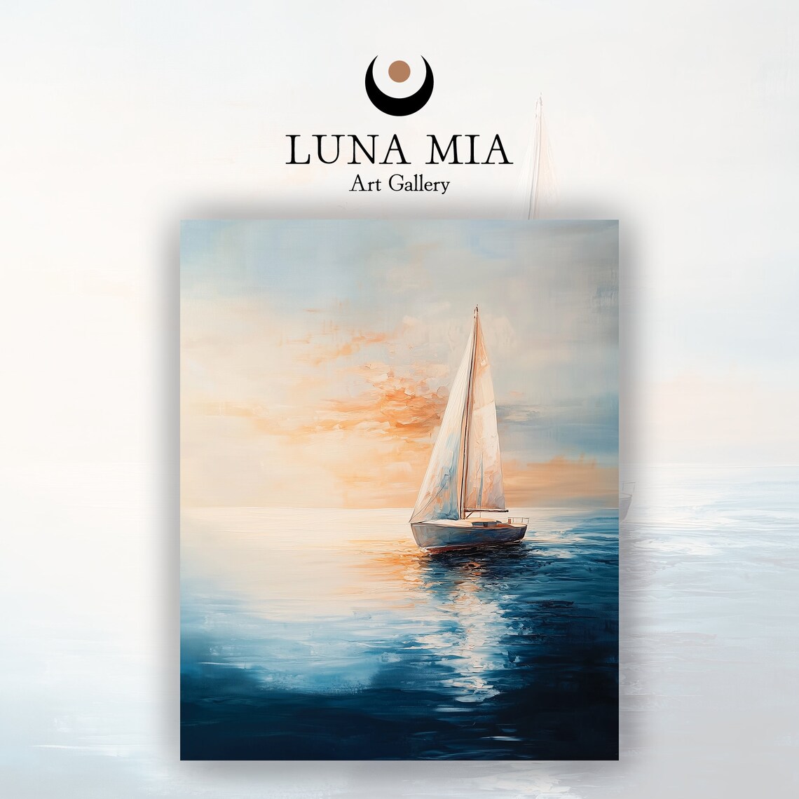 Sailboat Sunset Blue Sea Peach Sky Impressionist Oil Art Poster - Image 2
