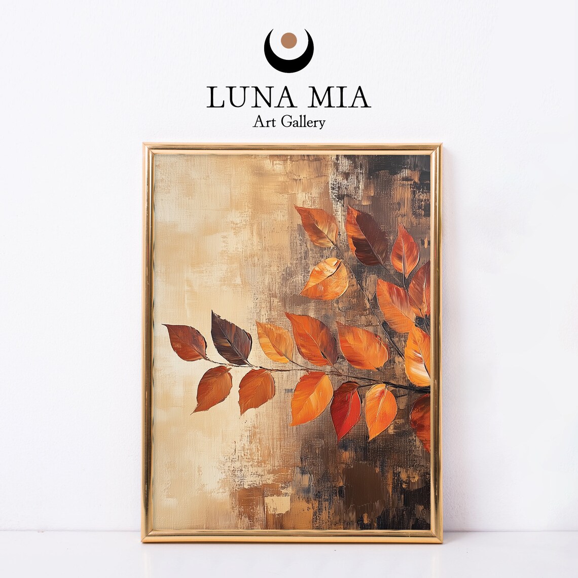 Orange Autumn Leaves Branch Textured Gold Oil Painting Art Poster