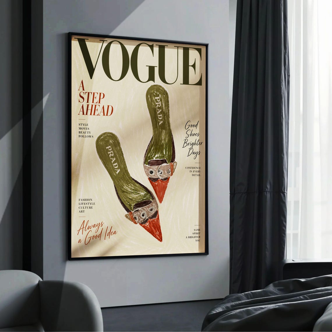 Vintage Vogue Poster Designer Buckled Mules Fashion Sketch Print Olive Green Magazine Cover Trendy Closet Wall Art Decor - Image 3