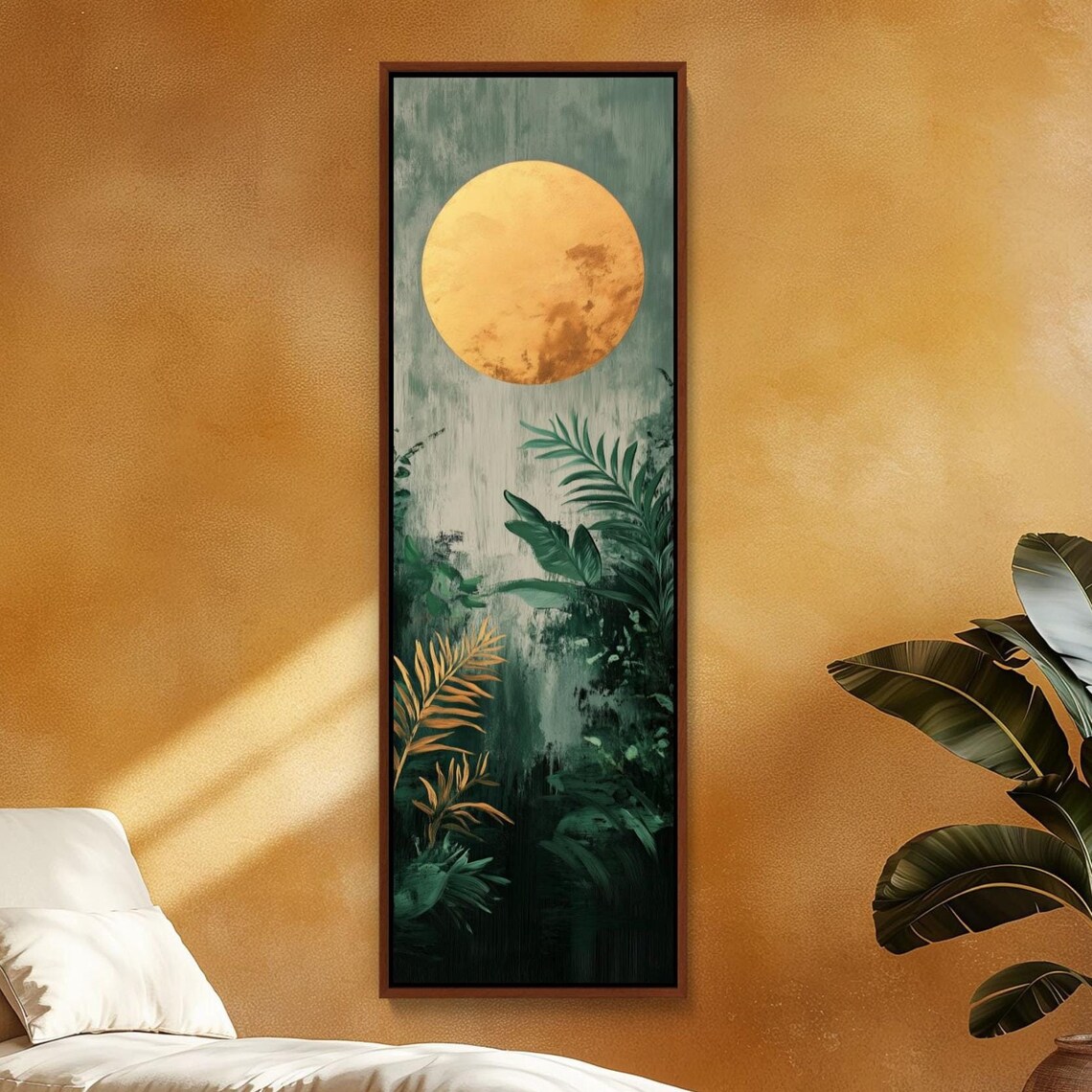 Large Golden Moon Over Dark Jungle Foliage Vertical Wall Art