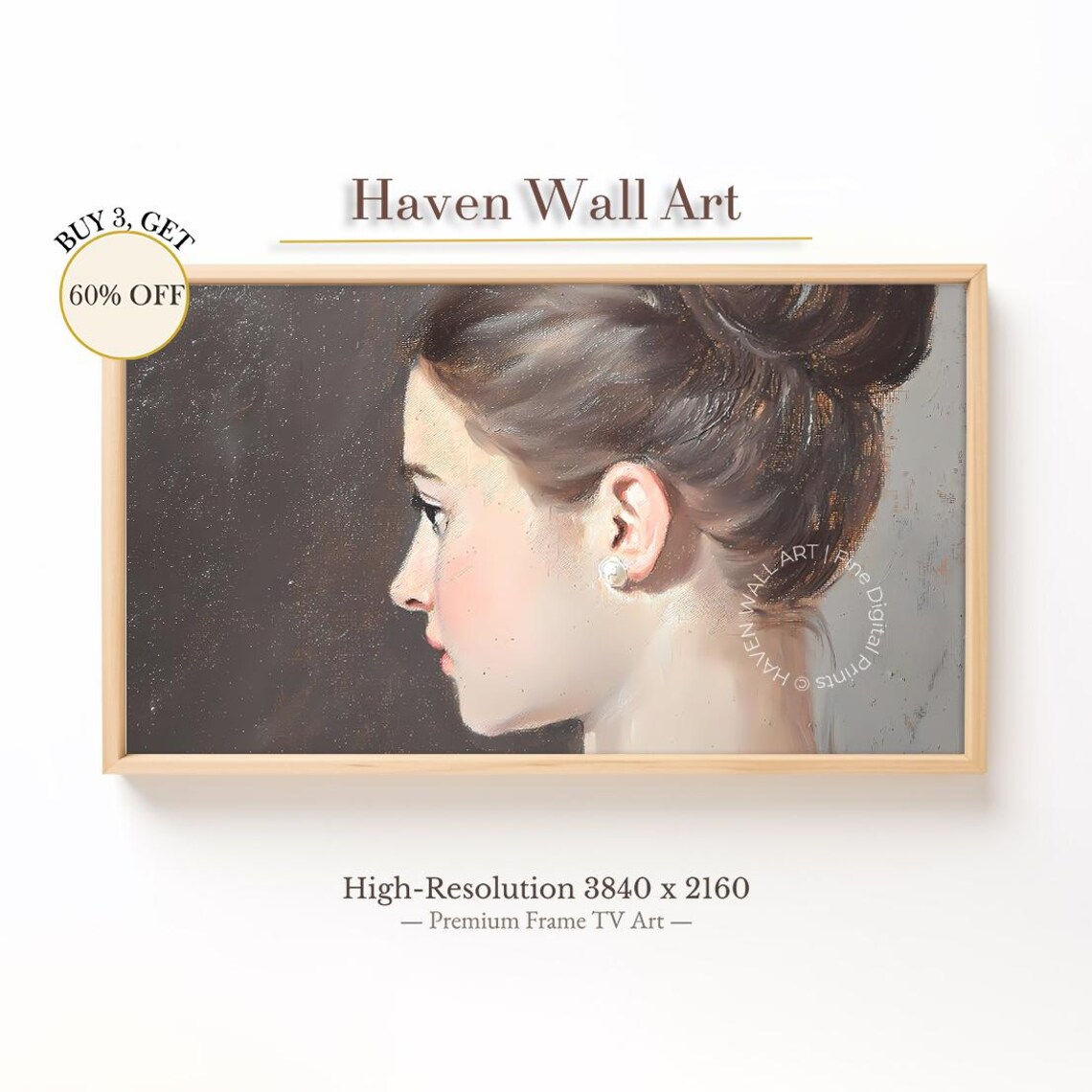 Elegant Woman in Profile Pearl Earring Vintage Oil Portrait Poster