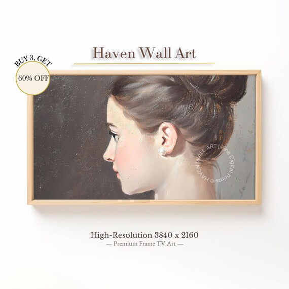 Elegant Woman in Profile Pearl Earring Vintage Oil Portrait Poster