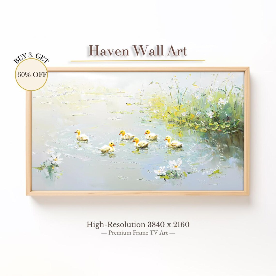 Six Baby Ducklings Swimming in a Pond Pastel Animal Nursery Poster