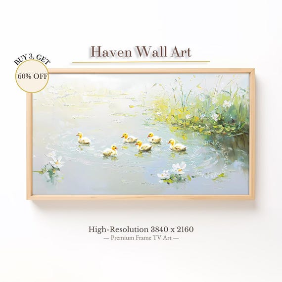 Spring Ducklings Frame Tv Art Six Yellow Baby Ducks In Pond Pastel Animal Oil Painting Easter Nursery Decor For Samsung Tsa137