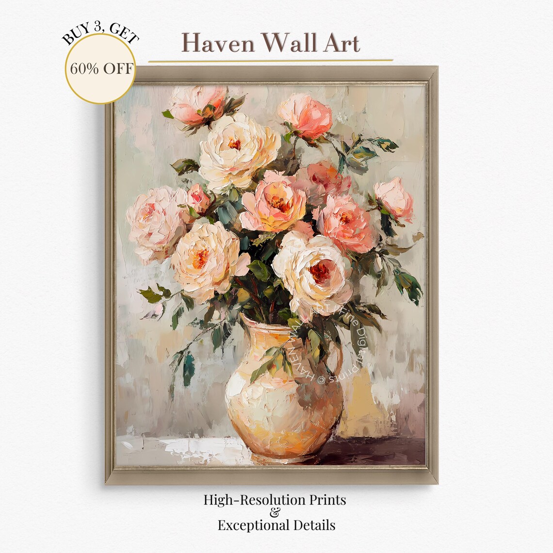 Pink and White Roses in Vase Romantic Floral Oil Painting Poster