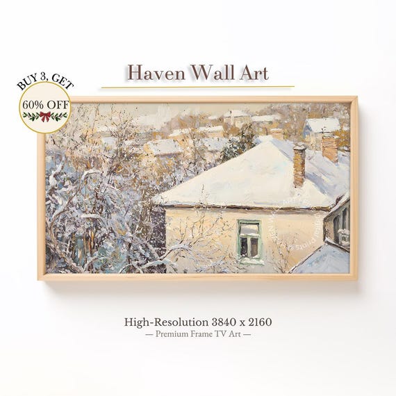 Winter Rooftop Serenity Snowcovered Village Scene Samsung Frame Tv Art Rustic Farmhouse Decor Cozy Wall Twl030