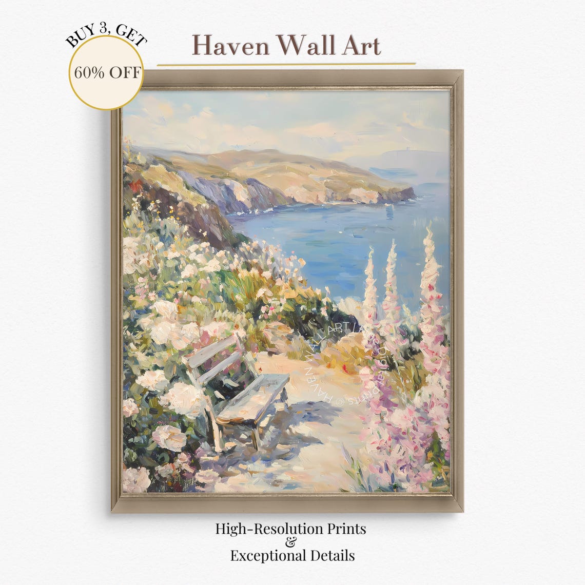 Seaside Garden Bench Foxgloves Coastal Cliff Ocean View Art Poster