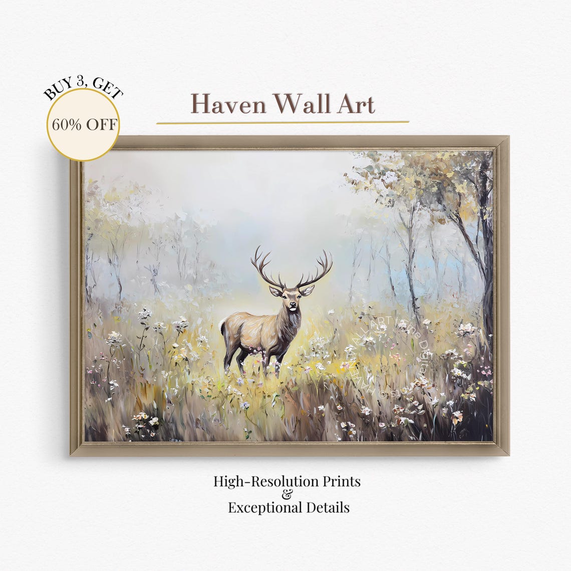 Vintage Stag Meadow Art Rustic Spring Deer Wildlife Painting Nature Wall Decor Psa133