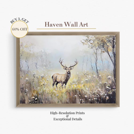 Vintage Stag Meadow Art Rustic Spring Deer Wildlife Painting Nature Wall Decor Psa133