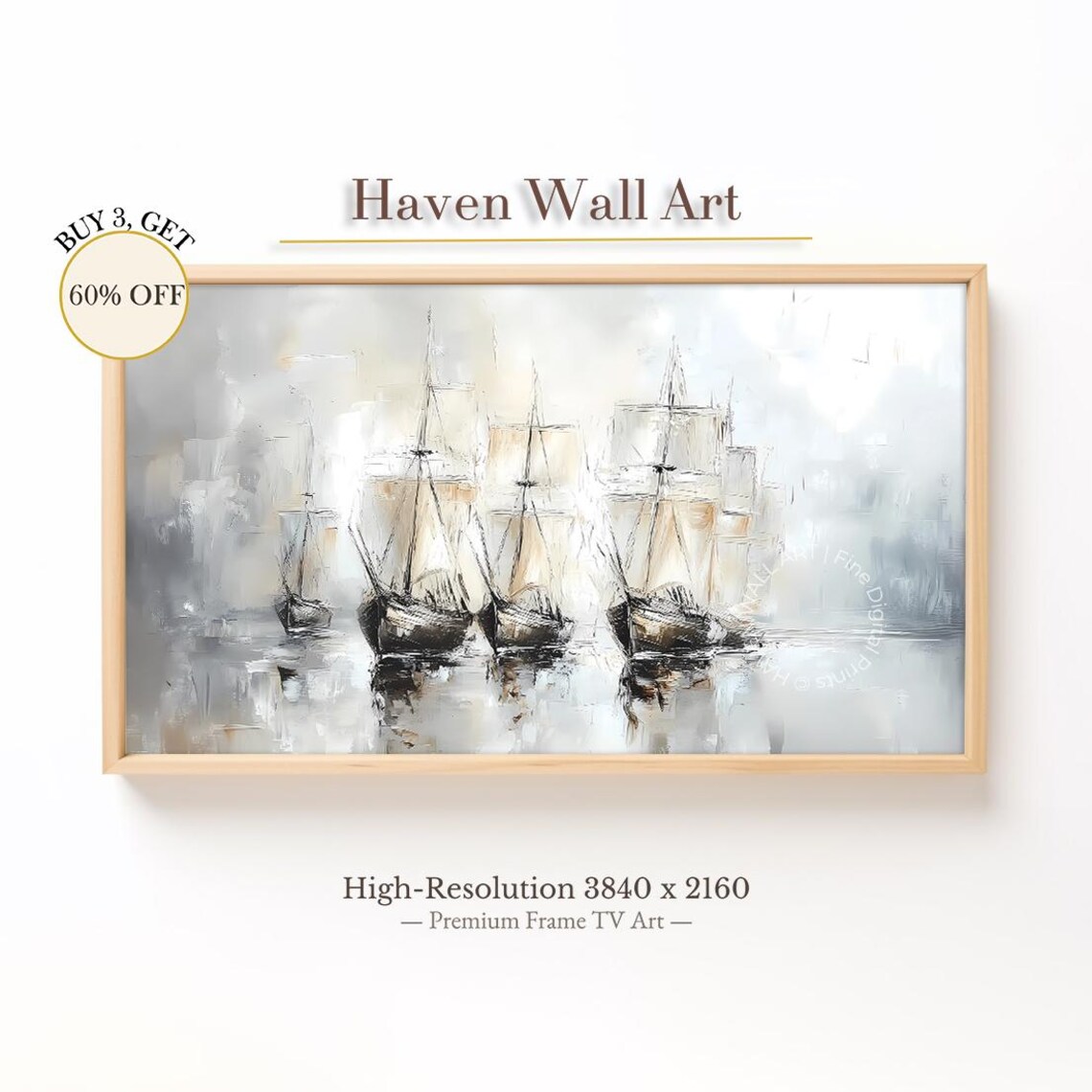 Vintage Sailing Ships in Thick Fog Grey Abstract Nautical Wall Art