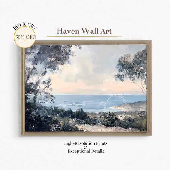 Ocean View From Clifftop Trees Tranquil Seaside Landscape Poster