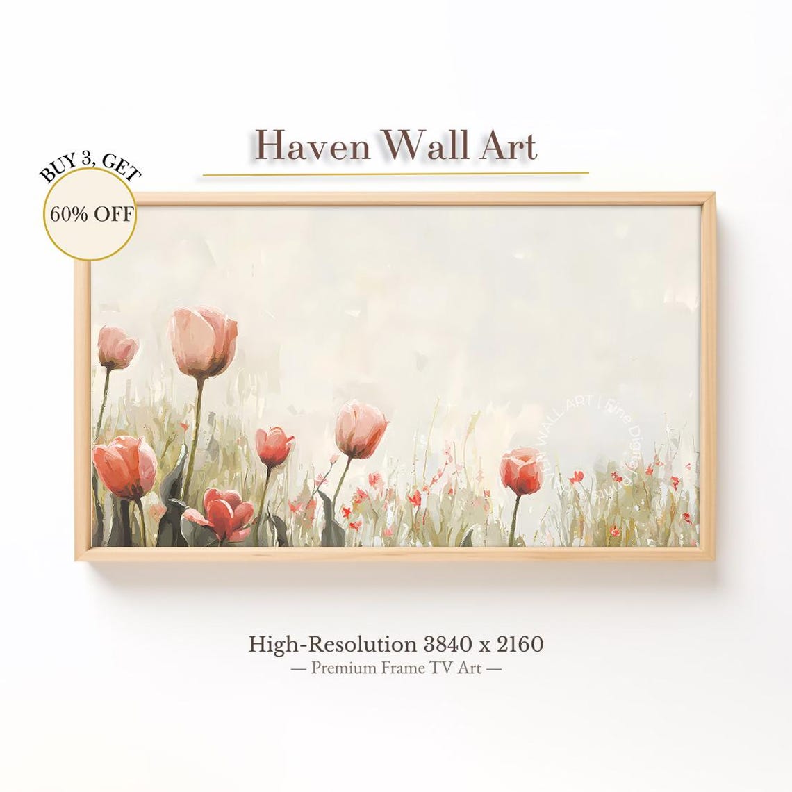 Coral Tulips Minimalist Spring Meadow Cream Background Wall Art