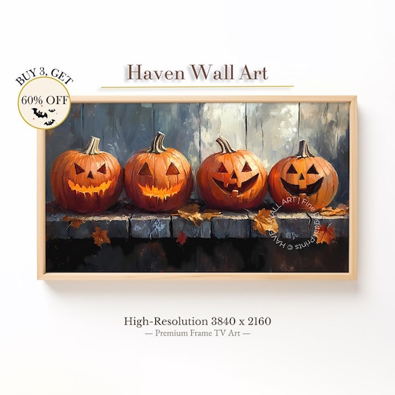 Halloween Jack O Lanterns Rustic Wooden Ledge Fall Leaves Poster