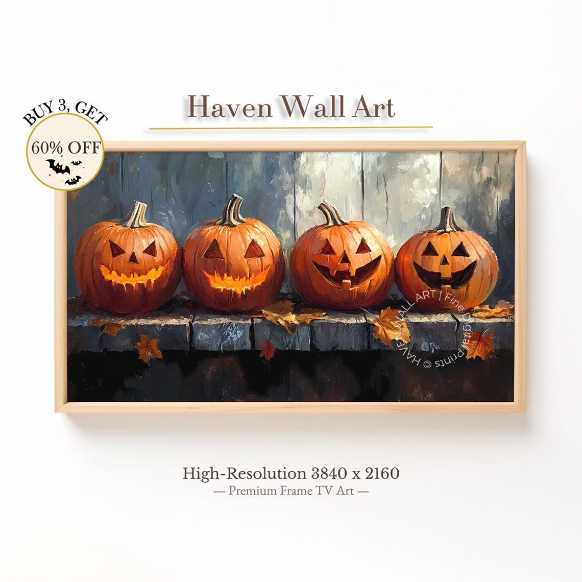 Halloween Jack O Lanterns Rustic Wooden Ledge Fall Leaves Poster