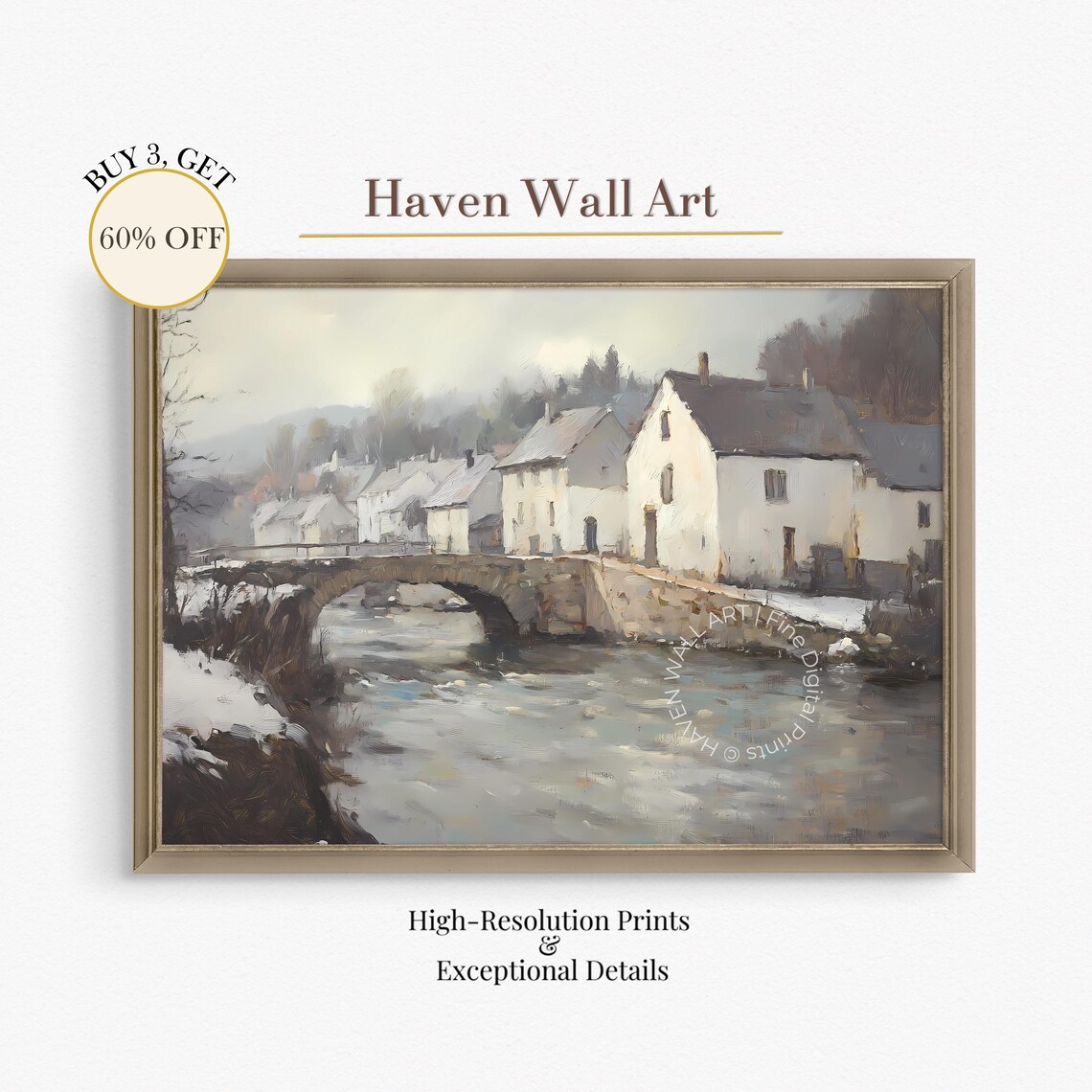Late Autumn Snowy Village Cottages Stone Bridge Stream Poster