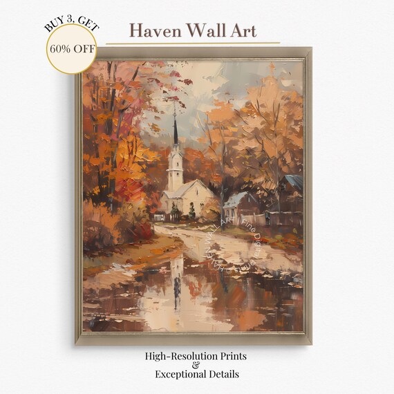 Autumn Church Village Oil Painting White Steeple Winding Road Poster