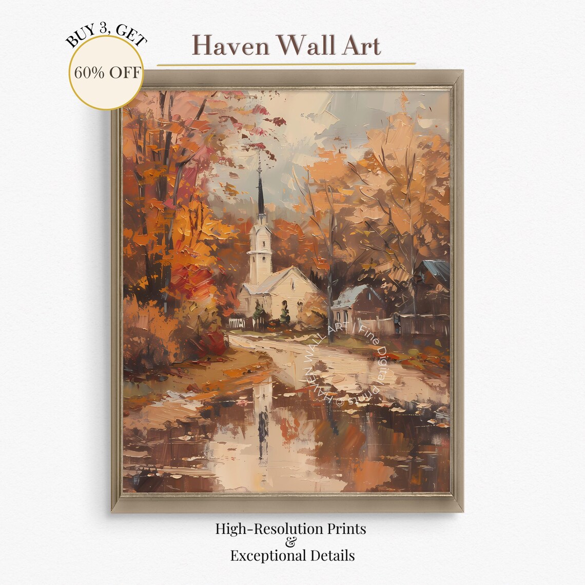 Autumn Church Village Oil Painting White Steeple Winding Road Poster