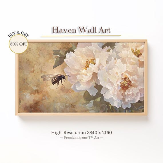 Bee And Peonies Oil Painting Samsung Frame Tv Art Vintage Floral Summer Wall Insect Print Tuf137