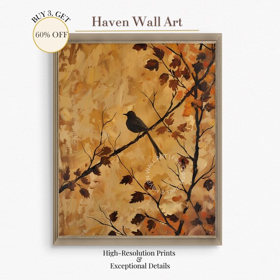 Black Bird on Branch Painting Golden Autumn Silhouette Fall Art Poster