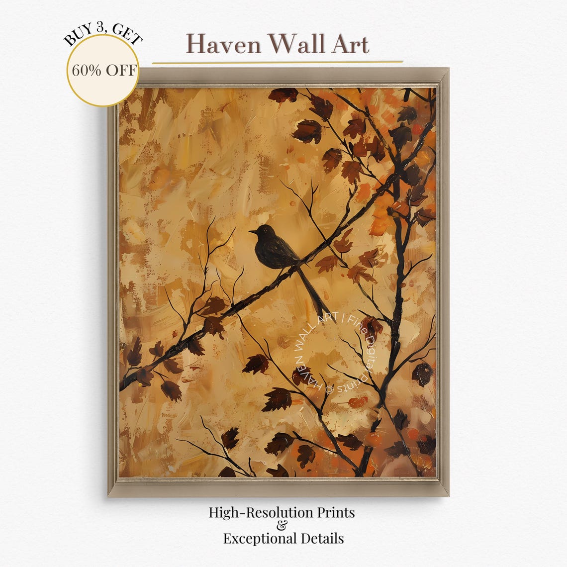 Black Bird on Branch Painting Golden Autumn Silhouette Fall Art Poster